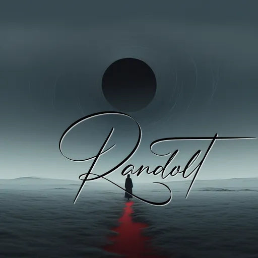 Silhouette walking towards a black circle on horizon, red reflection on water; text 'Randolt' in elegant script.