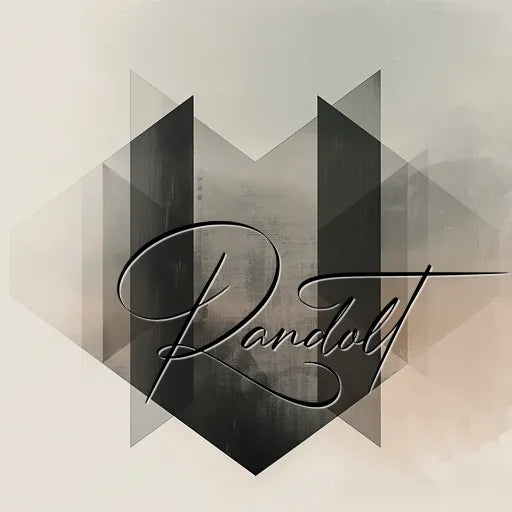 Abstract geometric design with layered black and gray shapes, overlayed with elegant script text 'Randolt'