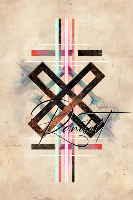 Abstract geometric design with crisscrossing lines, squares, and colorful accents on a textured beige background.