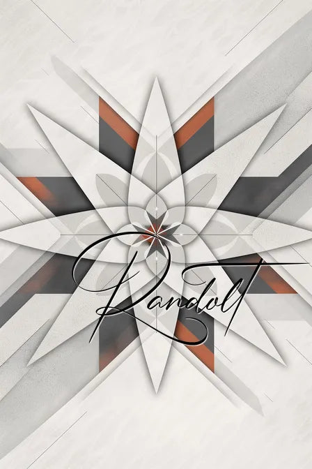 Geometric star-like pattern with overlapping white and orange layers, featuring elegant script text Randolt.
