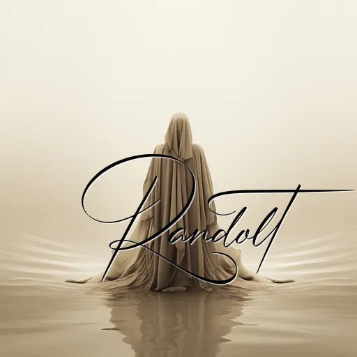 Figure in a cloak on a misty landscape with elegant cursive lettering 'Randolt' overlaid.