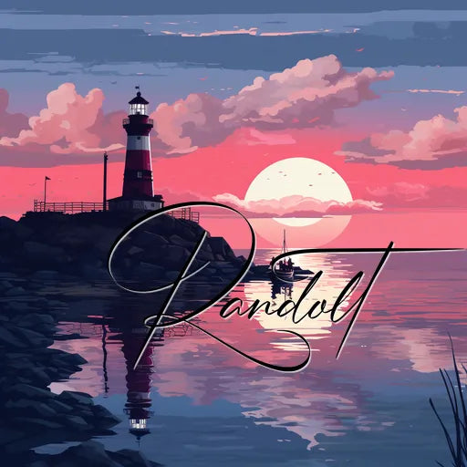 Sunset scene with lighthouse and calm sea, sailboat silhouetted, with 'Randolt' script overlay.