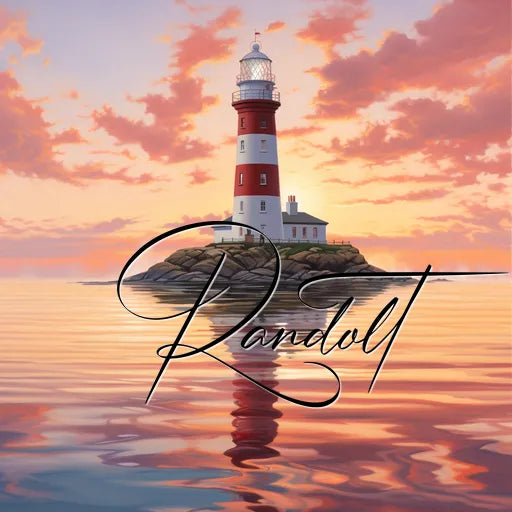 Red and white lighthouse on rocks at sunset, reflecting in calm water, with 'Randolt' text overlay.
