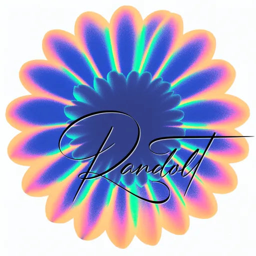 Colorful digital flower with 'Randolt' text overlay in a calligraphic style.