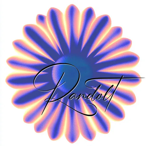 Abstract flower with vibrant colors and script text overlay.