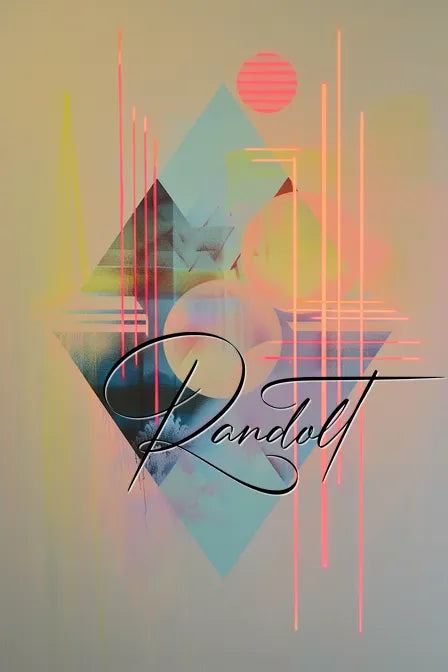 Abstract artwork with geometric shapes, pastel colors, and the text 'Randot' in elegant script.