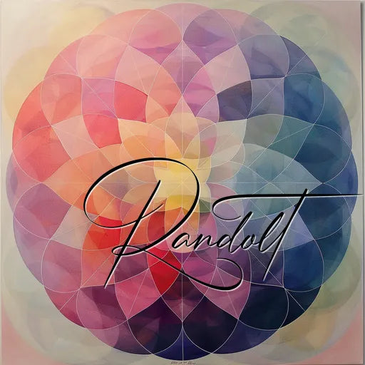 Abstract geometric painting with overlapping circles in pink, purple, and blue hues, labeled 'Randolt'