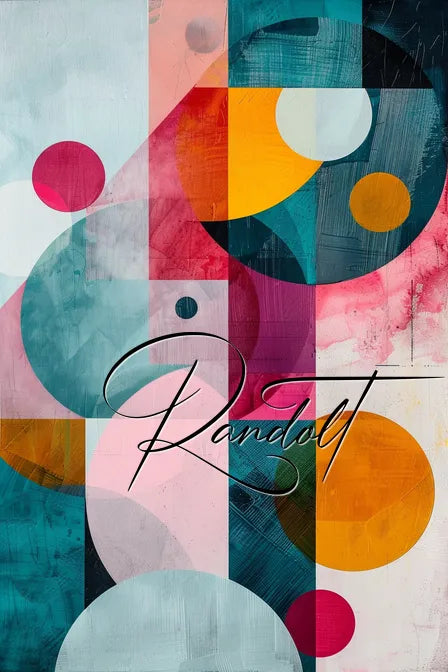 Abstract geometric painting with colorful circles and rectangles, featuring the word 'Randolt' in cursive over the design.