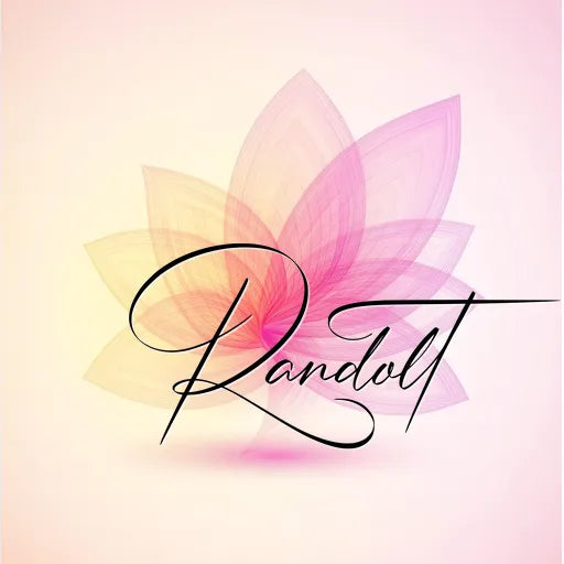 Elegant translucent lotus flower with gradient shades of pink and yellow, overlaid with the word 'Randolt' in cursive.