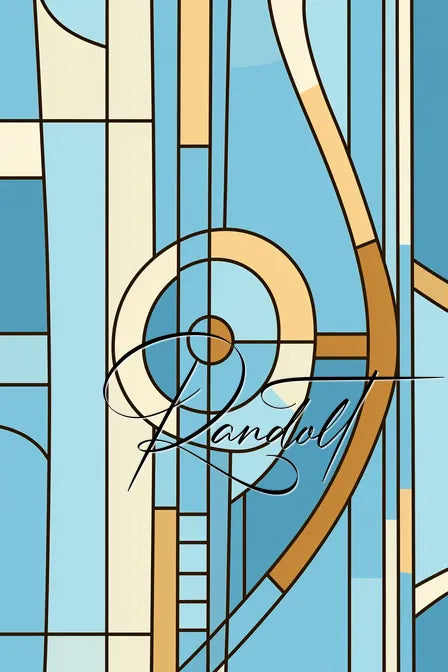 Abstract geometric design with blue, beige, and brown hues, featuring bold lines and circular elements. Signature Randolt.