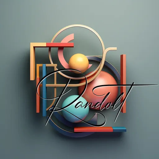 Abstract geometric art with 3D shapes and 'Randolt' script on green background.