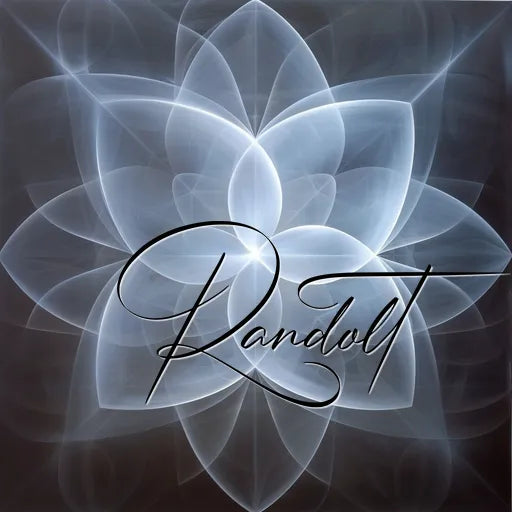 Translucent geometric flower with overlapping petals and cursive text 'Randolt' on a dark background.