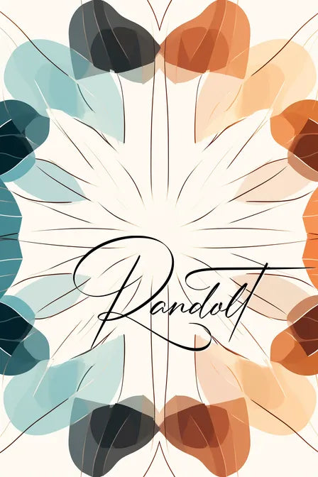 Colorful abstract leaf pattern with blue, teal, orange, and brown hues. 'Randolt' text in elegant script at center.