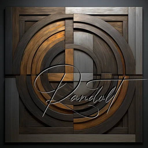 Geometric wooden art with circular and square patterns in dark and light shades, signed 'Randolt.'