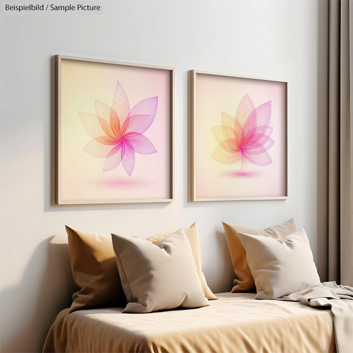 Two framed abstract floral artworks with pink and orange hues above a beige sofa with pillows.