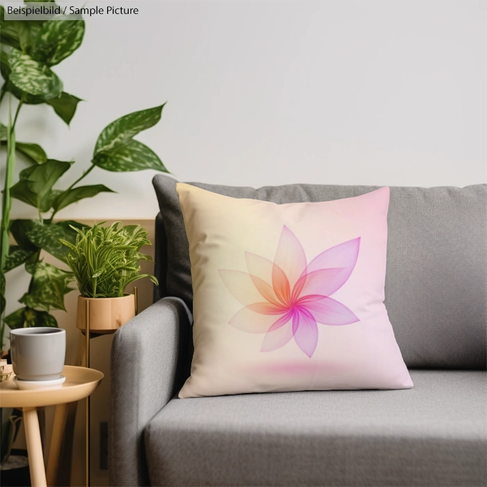 Gray couch with floral print pillow, surrounded by green potted plants in a cozy, minimalist setting.
