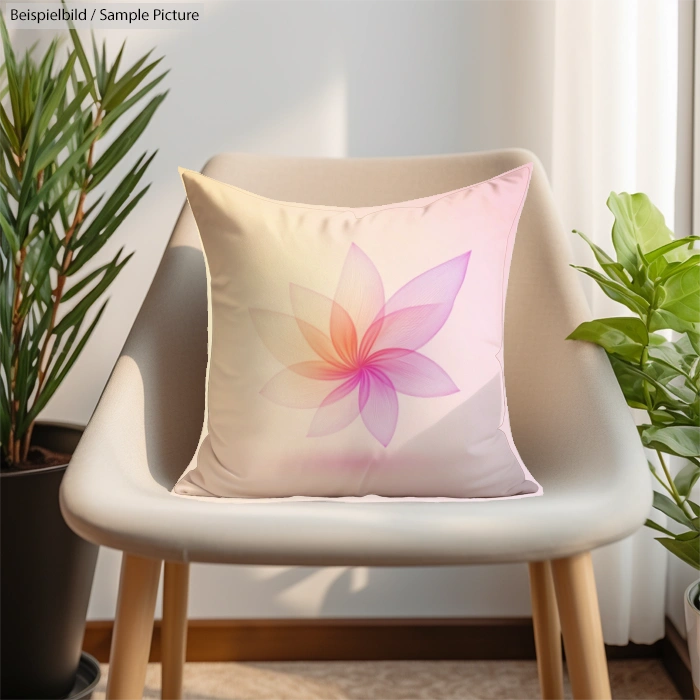 Decorative pillow with a floral design on a beige chair, flanked by green plants in a sunlit room.
