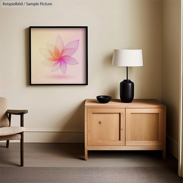 Modern living room with wooden sideboard, lamp, floral artwork on wall, and a beige armchair.