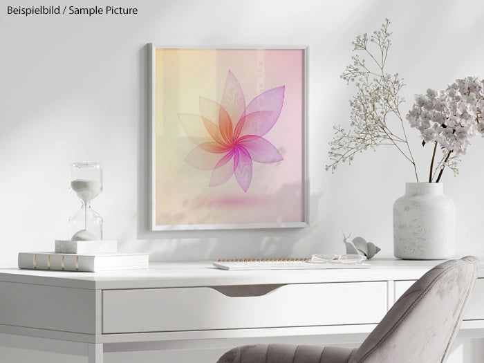 Minimalistic desk with hourglass, vase, and framed abstract flower artwork on wall.