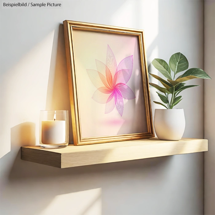 Wall shelf with a candle, plant in a white pot, and abstract floral artwork in a gold frame.