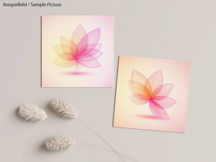 Two abstract floral artworks with translucent layered petals, pastel colors, and a soft, neutral background.