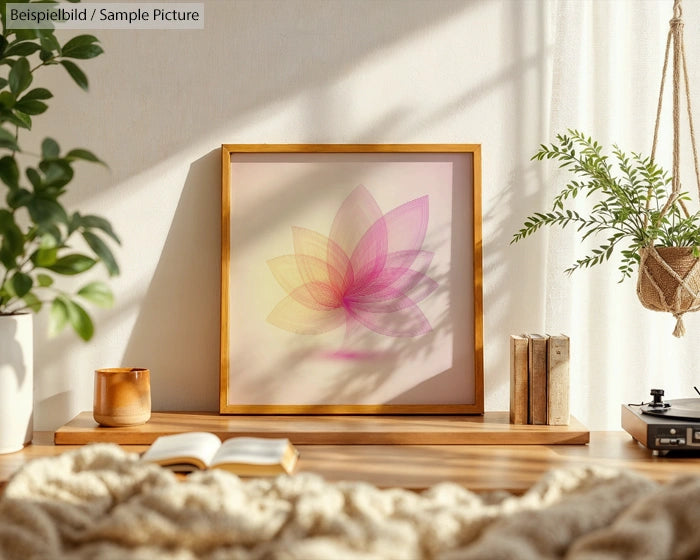 Cozy sunlit room with framed translucent flower artwork, plants, and decor on wooden shelf.