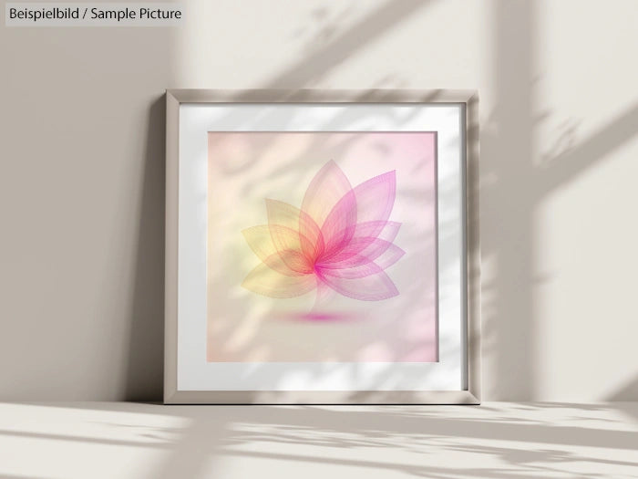 Framed abstract art with pink and orange layered petals against a light background, casting soft shadows on the wall.