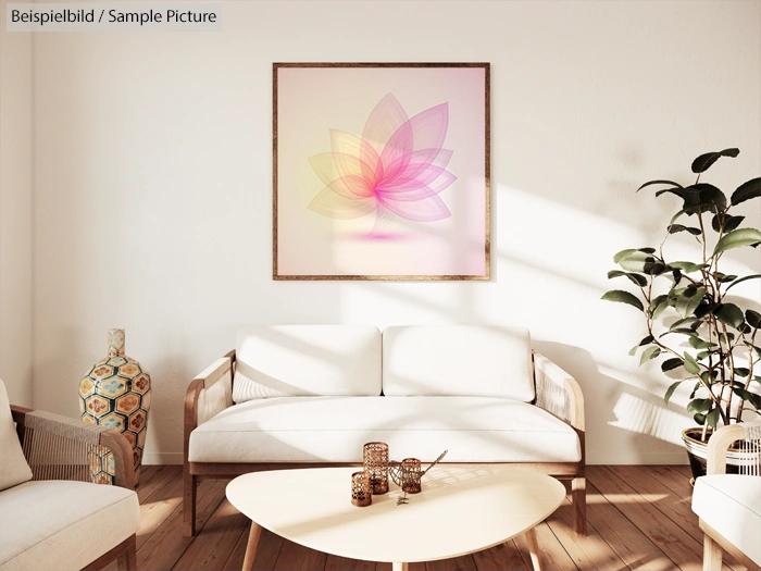 Minimalist living room with white sofa, abstract flower artwork, wooden coffee table, and decorative plants.
