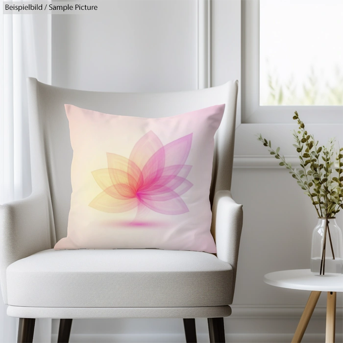 Modern interior with a white chair and a decorative pillow featuring an abstract pink floral design.