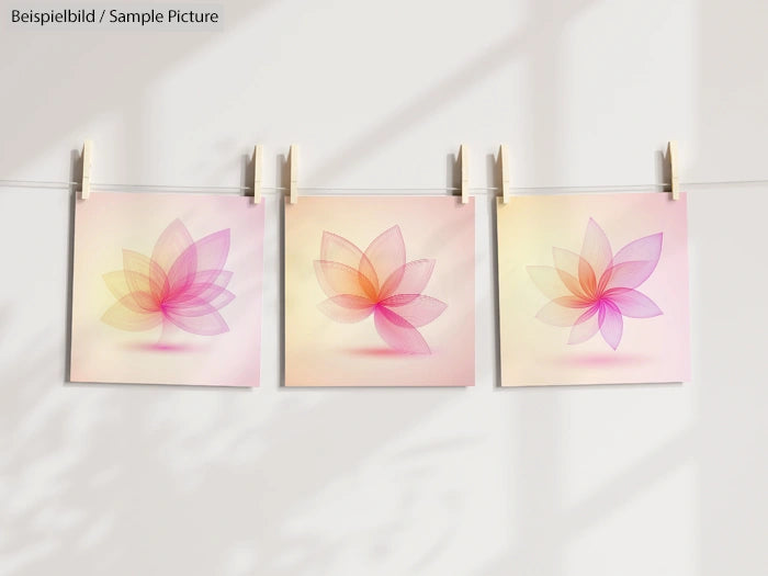 Three pastel floral artworks clipped on a string, casting soft shadows on a white background.
