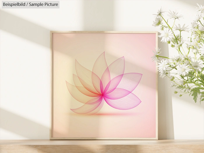Framed abstract art with pink and purple petal design on a pastel background, beside a vase with white flowers.