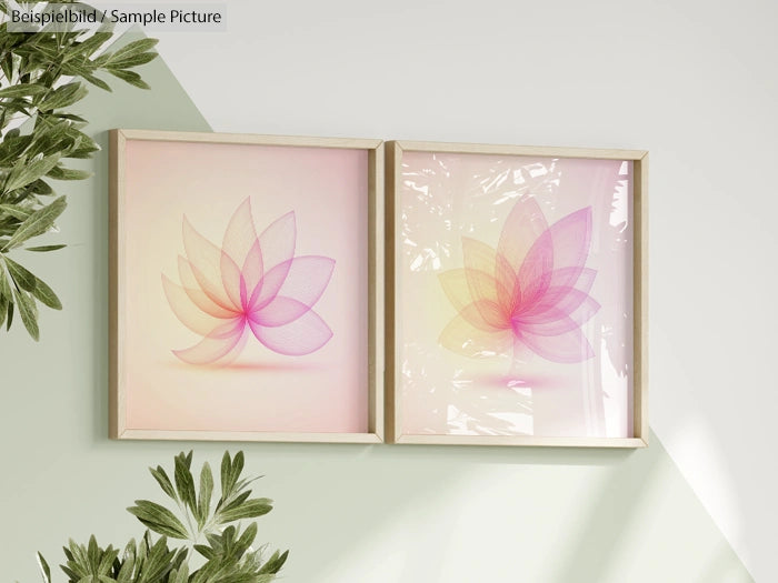 Two framed abstract floral paintings with pastel gradients, hung on a light wall with green foliage decoration.