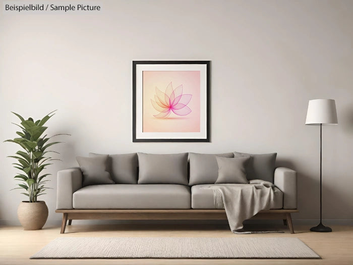 Modern living room with gray sofa, large plant, standing lamp, and abstract floral artwork on the wall.