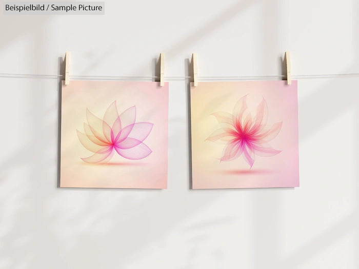Two pink and beige floral art prints hanging on a line with clothespins, shadow cast on a white background.