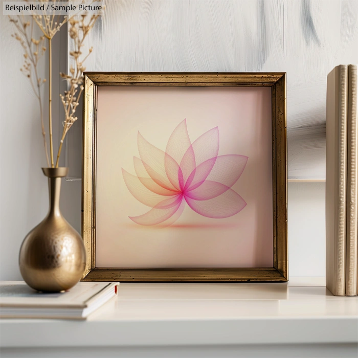 Framed abstract flower art with delicate pink and orange petals, displayed on a white shelf with a bronze vase and books.