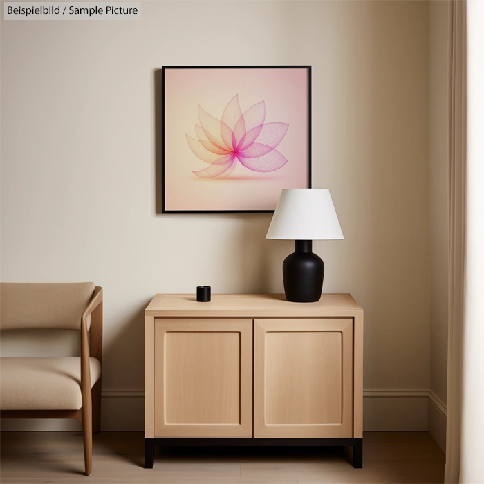 Minimalist room with wooden cabinet, modern lamp, chair, and floral artwork on wall.