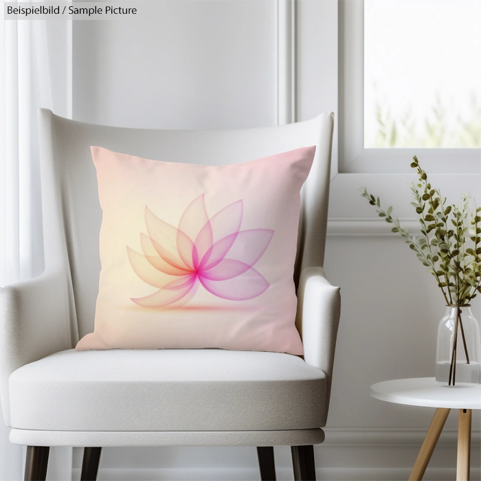 Modern living room with white chair and pillow featuring a soft, abstract pastel flower design on it.