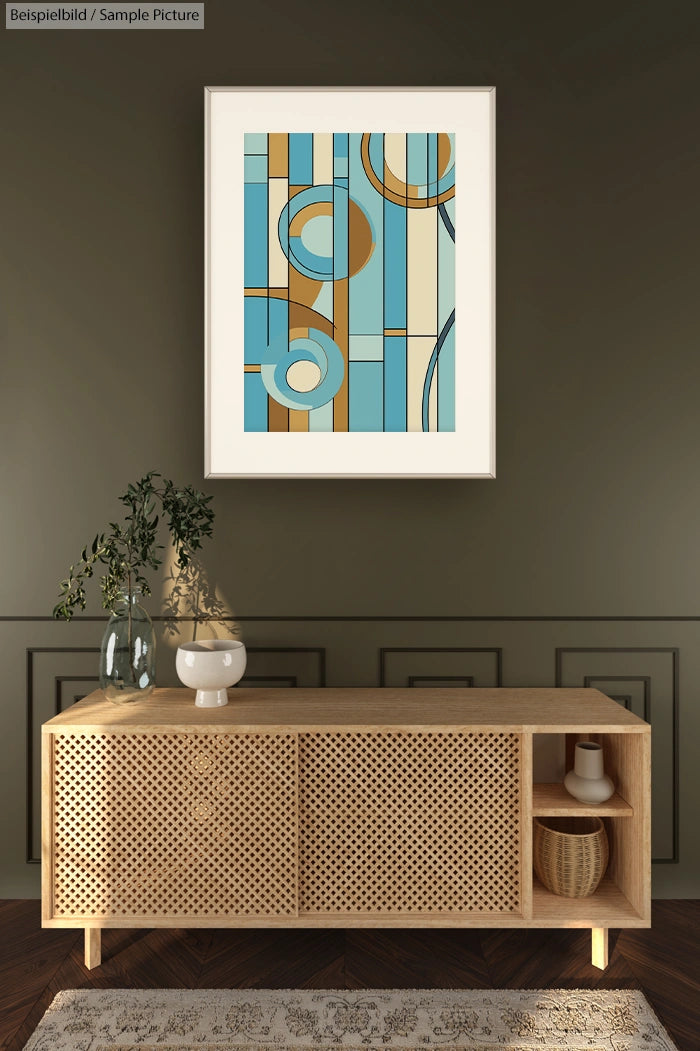 Modern living room with abstract geometric art, wooden sideboard, and potted plants in a minimalist setting.