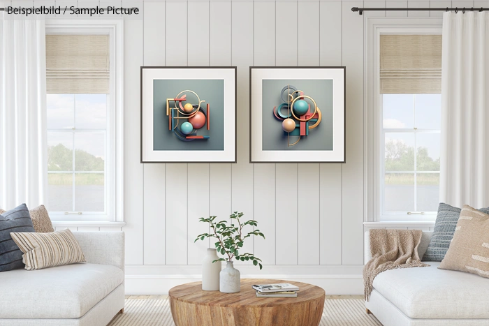 Modern living room with two abstract paintings, a white sofa, wooden table, and large windows with curtains.