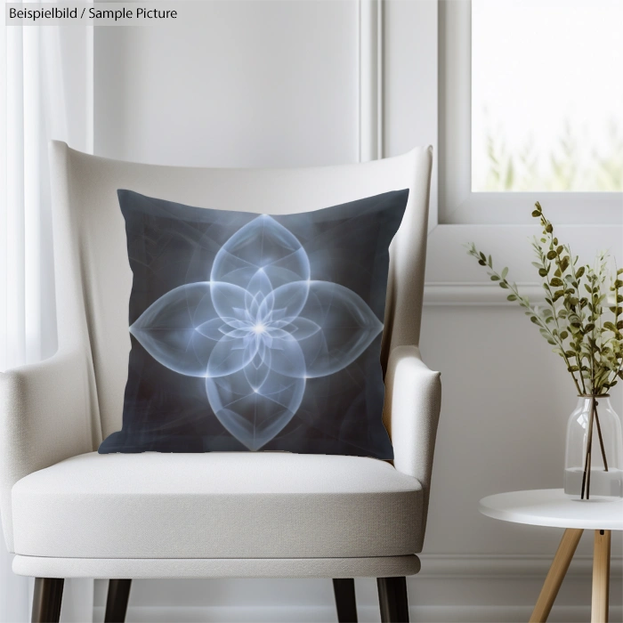 Modern white armchair with abstract flower-print pillow in a minimalist room with natural light.