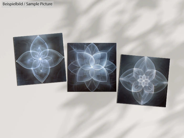 Three abstract floral geometric designs in soft hues on a light background, casting subtle shadows.