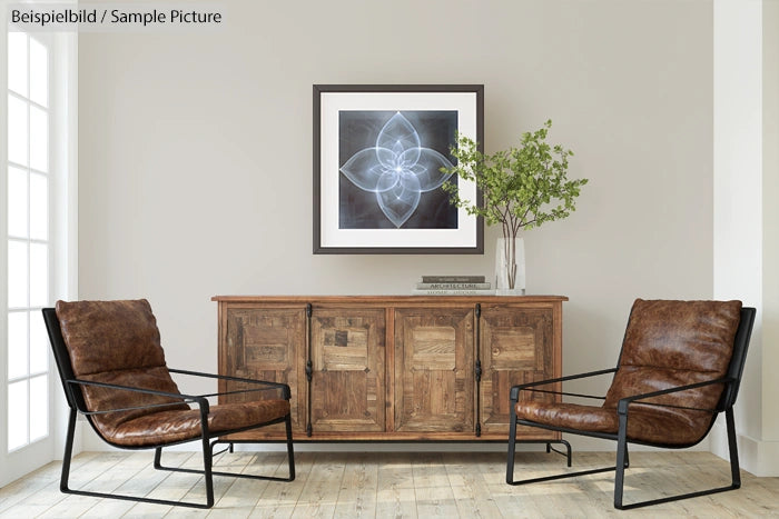 Modern living room with two leather armchairs, wooden sideboard, framed abstract art, and a potted plant.
