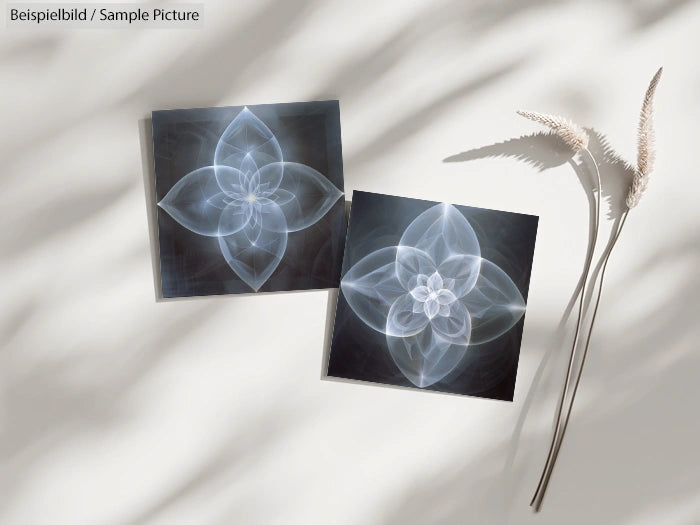 Two floral-themed transparency sheets placed on a light background with shadow patterns and dried grasses.