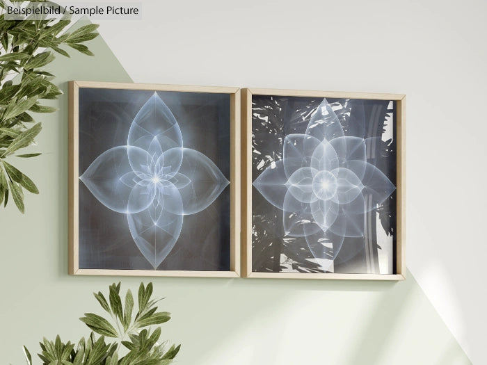 Two framed geometric abstract art pieces with overlapping white patterns on black backgrounds, surrounded by green foliage.