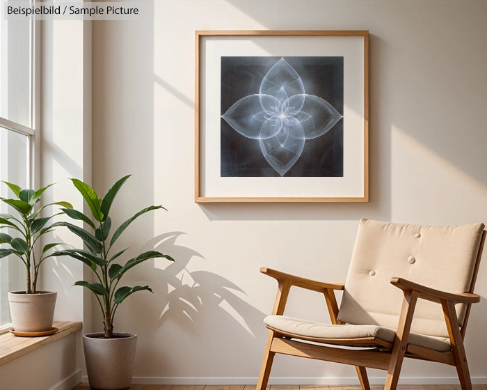 Bright room with a wooden chair, two plants, and a geometric art piece on the wall with overlapping petal shapes.