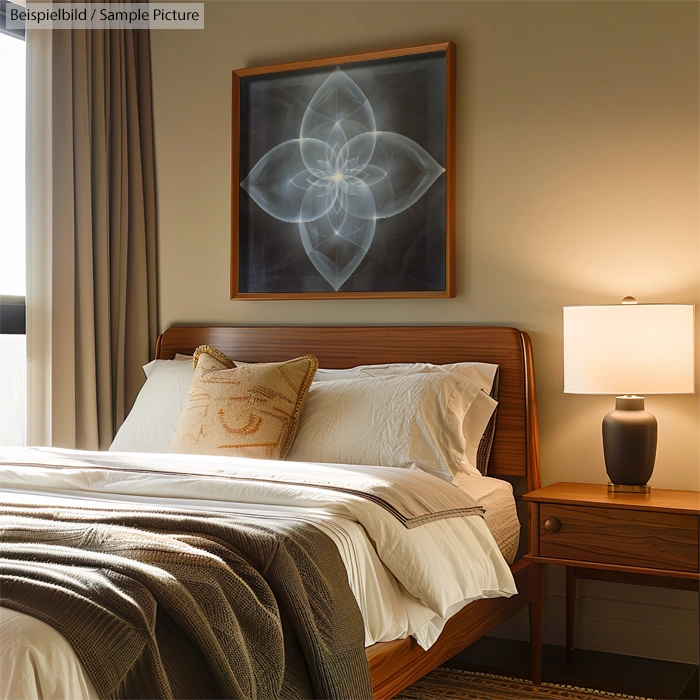 Cozy bedroom with an elegant wooden bed, soft lighting, and a geometric art piece on the wall, creating a serene ambiance.