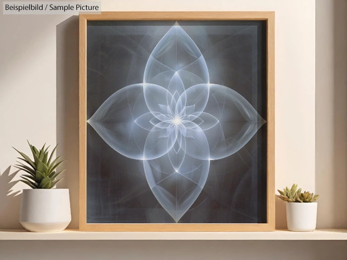 Backlit artwork of geometric floral design in wooden frame, flanked by two potted succulents on a shelf.