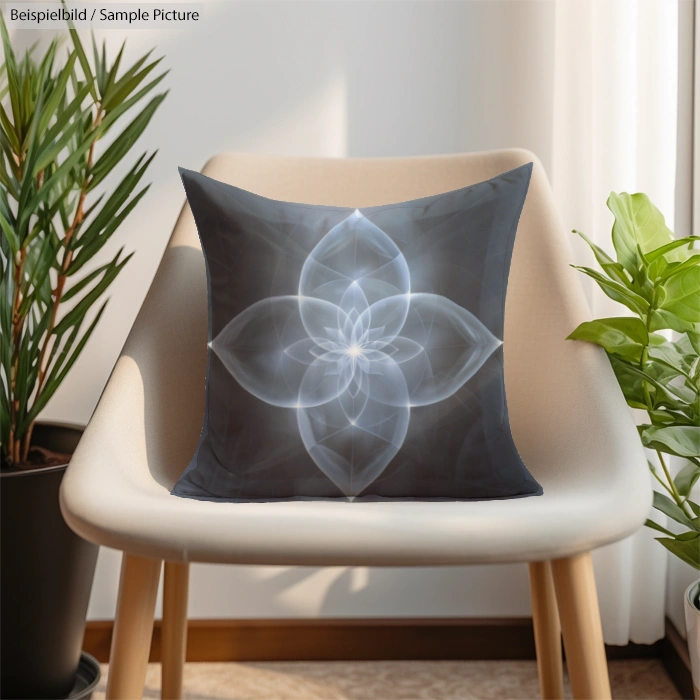 Geometric patterned pillow on a modern chair beside potted plants, illuminated by natural sunlight.