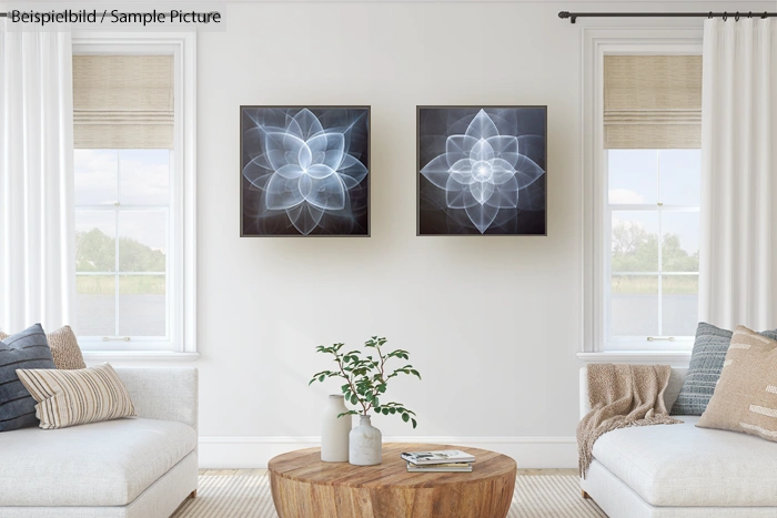 Modern living room with two abstract floral art pieces on white walls, white sofas, and a wooden coffee table.