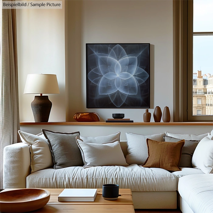 Modern living room with white sofa, various cushions, abstract flower artwork, table lamp, and city view window.